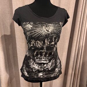 Women's Black Button Top with Graphic